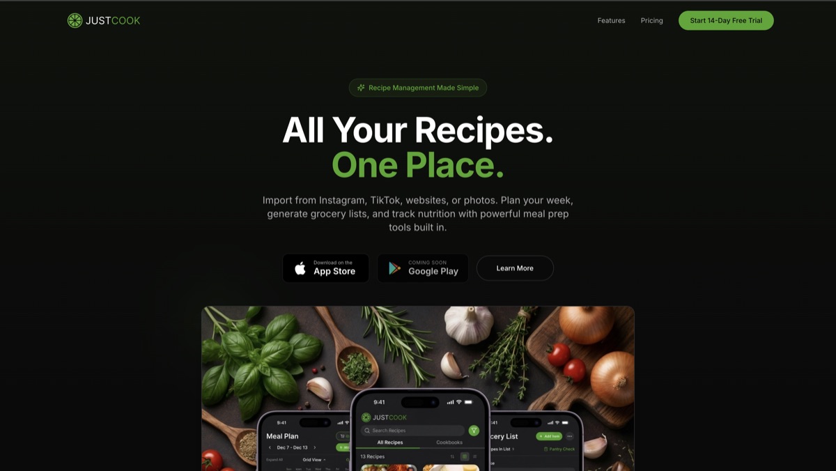 Just Cook app landing page — web design by Onyx Web Services